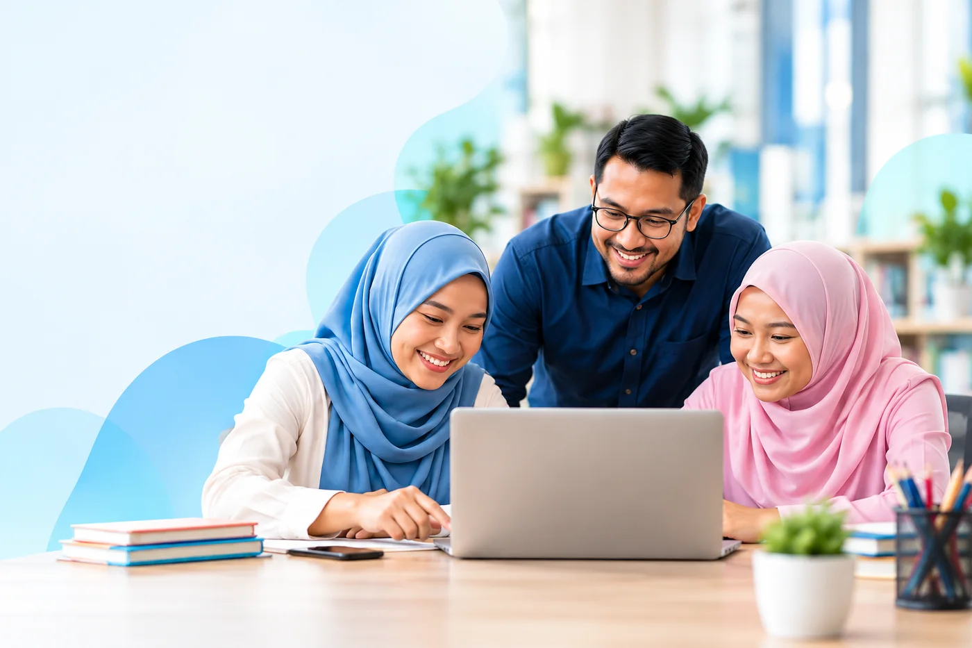 Tiga guru berbincang dan berkongsi bahan di hadapan komputer riba